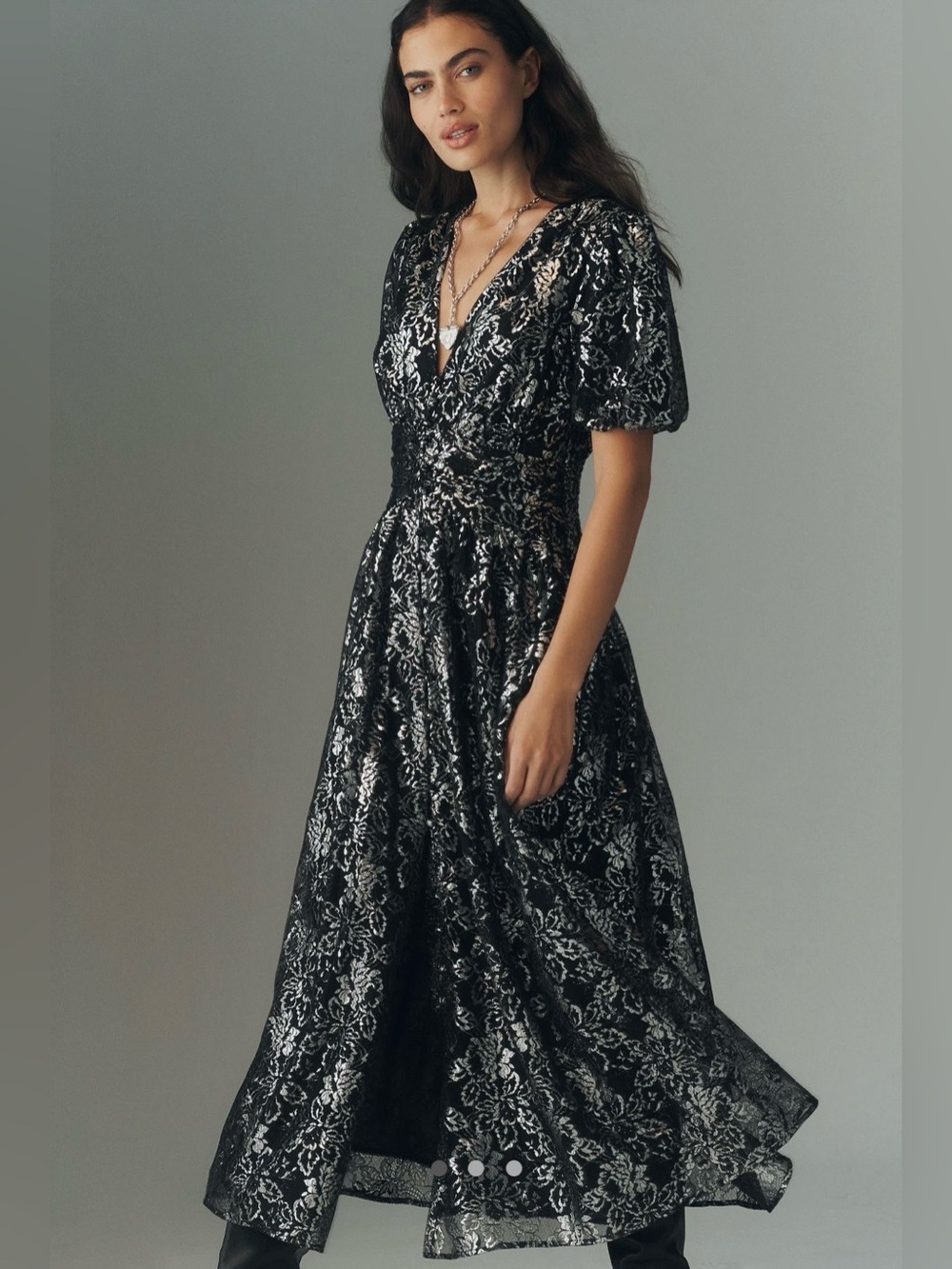 The Katerina Metallic lace button front dress